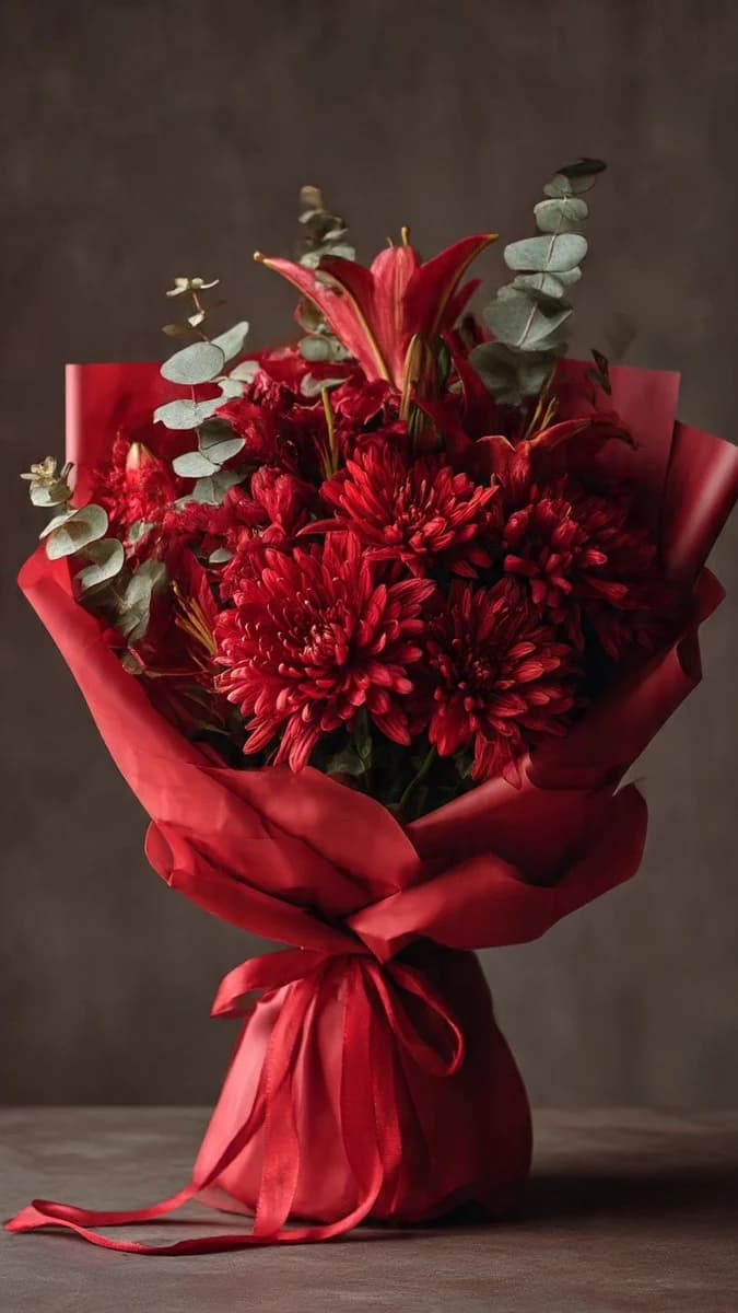 Red lily and chrysanthemum bouquet (demo photo)